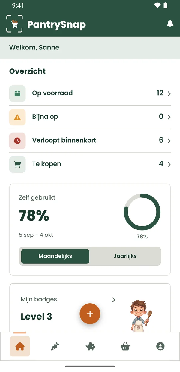 Het overzicht in de app: op voorraad, verloopt binnenkort en te kopen.