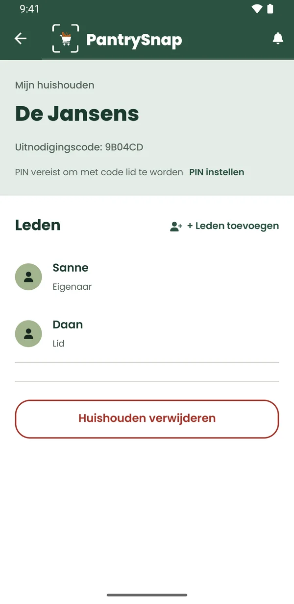 Het huishouden De Jansens met een uitnodigingscode en twee leden.