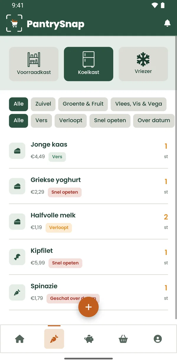 De koelkast in de app: producten met de status Vers, Verloopt en Snel opeten.