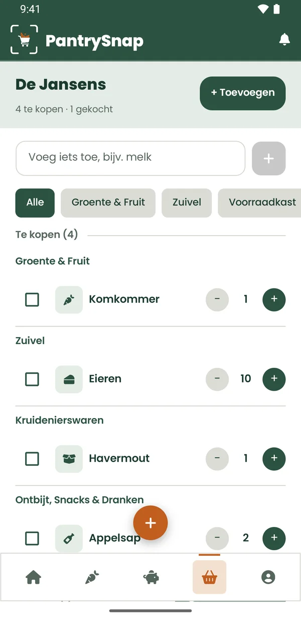 De boodschappenlijst, gesorteerd per afdeling, met vinkjes voor wat gekocht is.